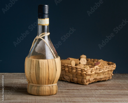 old craft bottle of wine on wooden surface