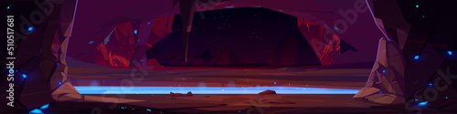 Dark rocky cave with water, blue crystals and view to mountains and night sky with stars outside. Vector cartoon panoramic illustration of empty stone cavern with stalactites and lake or river