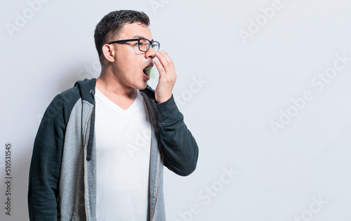 Handsome man with bad breath and halitosis problem, People with bad breath problem, Concept of person with halitosis and bad breath