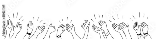 Applause hands set on doodle style. Human hands sketch, scribble arms wave clapping on white background, thumb up gesture silhouette, vector illustration