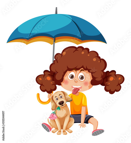 A girl holding an umbrella and a dog