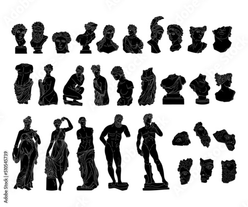 Ancient Greek solid black color sculptures of gods, goddess and heros, vector silhouettes antique statues of men and women figures, bust and full body, hand drawn isolated clip art bundle