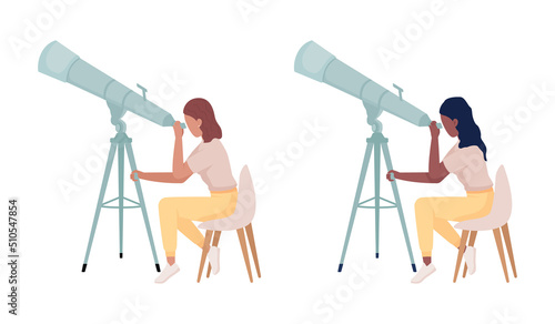 Astronomists with powerful telescopes semi flat color vector characters set. Editable figures. Full body people on white. Simple cartoon style illustration for web graphic design and animation pack