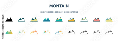 montain icon in 18 different styles such as thin line, thick line, two color, glyph, colorful, lineal color, detailed, stroke and gradient. set of montain vector for web, mobile, ui