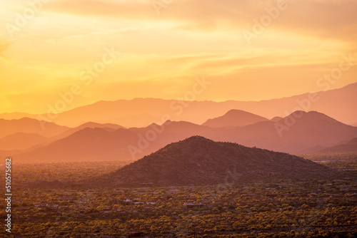 Hazy sunset over mountain range, Pinnacle Peak Park, Arizona