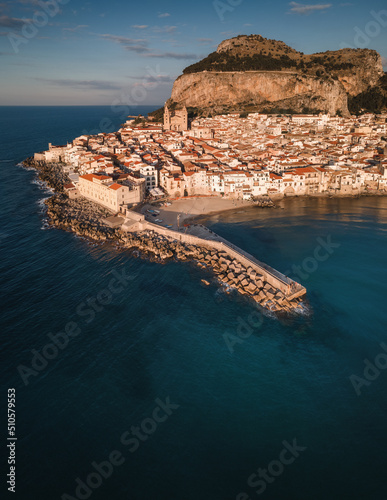 Beautiful view over a beach town of Cefalu, medieval village of Sicily island, Province of Palermo, Italy