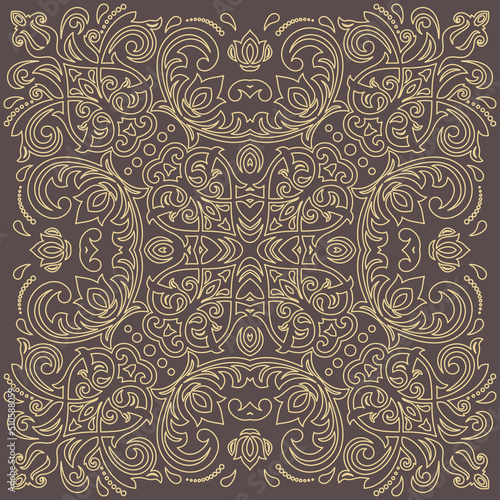 Oriental vector ornament with arabesques and floral elements. Traditional classic brown and yellow ornament. Vintage pattern with arabesques