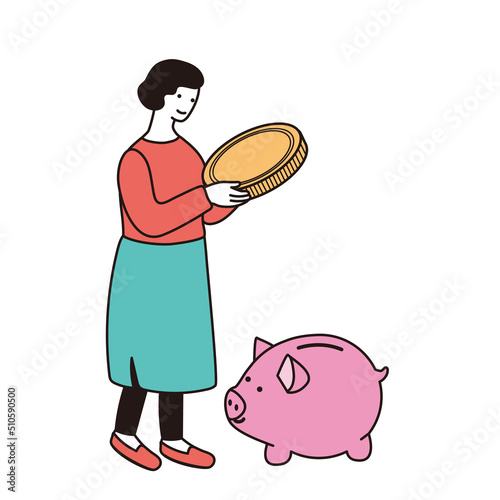 お金を貯金箱に入れる女性のシンプルなイラスト
