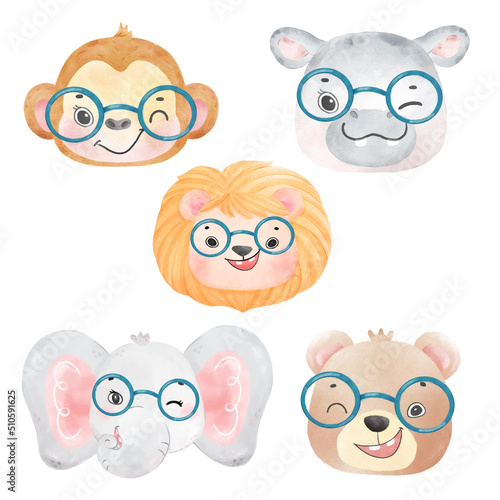cute watercolor wildlife animal wearing eyeglasses, nerdy woodland lion, monkey, bear, hippo, elephant nursery hand drawn illustration vector
