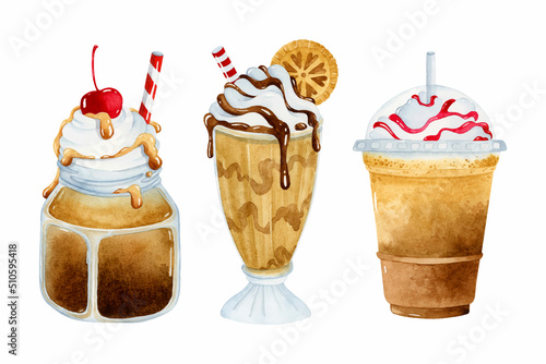 Watercolor coffee drinks, frappuccino with toppings, cookie and cherry isolated illustration