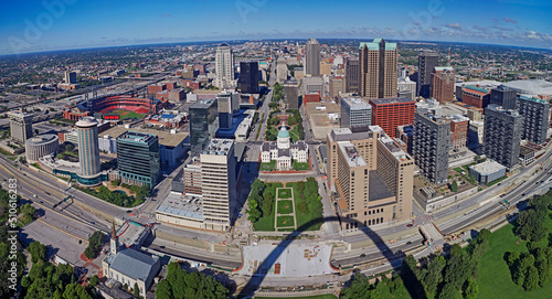 Panoramic aerial view of the city of St Louis, Missouri from Gateway arch at sunrise