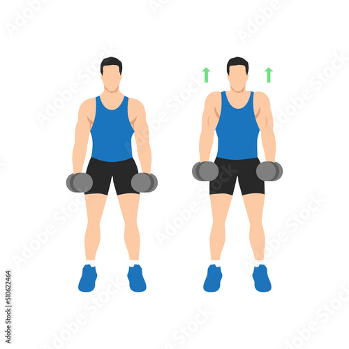 Man doing Dumbbell shrugs front view exercise. Flat vector illustration isolated on white background