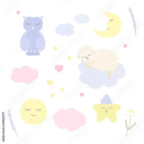 Vector set with cute cartoon clipart moon, cloud, star, owl, sheep and flowers in baby style. For birthday or baby shower and party invitation, print design for pajamas, t-shirt, nursery room poster