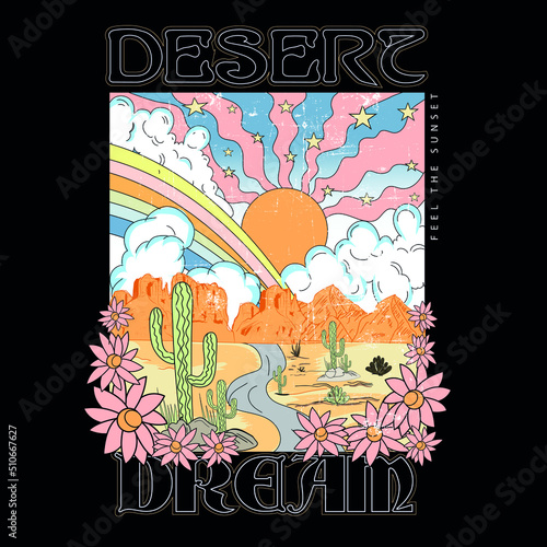 Desert Dream vector Graphic, Sunset the Desert Vibes in Arizona, Desert vibes vector graphic print design for apparel, stickers, posters, background and others. Outdoor western vintage artwork. 