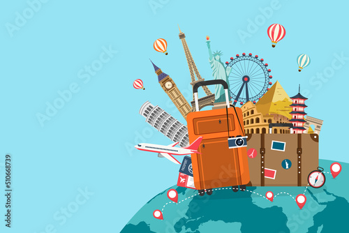 tourism landmarks with luggage and planes. travel famous attractions around the world. road trip holiday vacation conept. Airline plane tourism fly on earth. vector illustration in flat style.