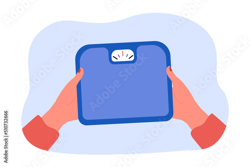 Floor scale in human hands flat vector illustration. Measurement, balance, instrument, control, weighing, device concept for banner, website design or landing web page