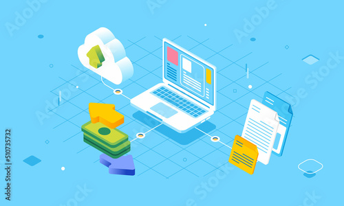 Isometric online network transfer payment, document, cloud computing concept flat 3D