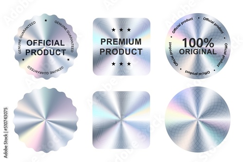 Hologram stickers, holographic labels with silver texture, vector original product stamp. Hologram sticker for official product guarantee and premium quality 100 percent genuine holographic seal