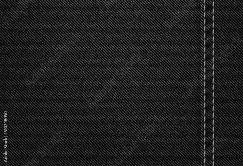 Black jeans denim texture pattern background. Apparel sturdy cotton twill fabric pattern. Modern western clothing fabric, apparel textile or fashion material realistic vector backdrop with stitch