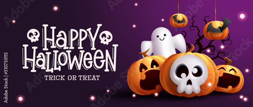 Halloween party vector design. Happy halloween greeting text with ghost, skull and pumpkin elements in cute faces for fun and spooky night celebration. Vector illustration. 