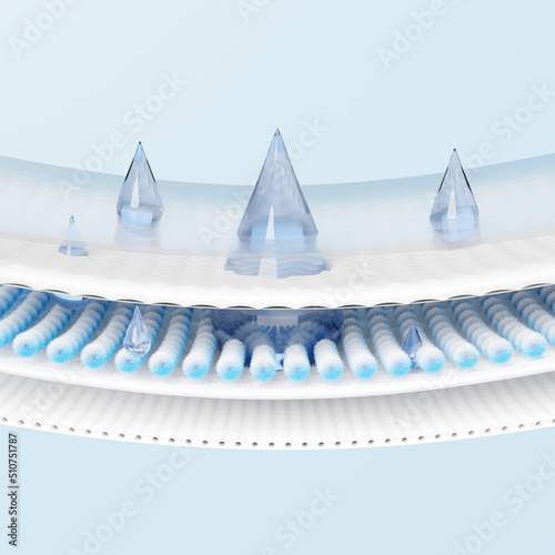 synthetic fiber hair absorbent layer 3d with ventilate shows water droplets for diapers, sanitary napkin, baby diaper adult concept, 3d render illustration