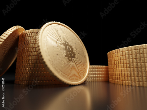 Bitcoin kryptowaluta, złote metalowe monety na ciemnym tle