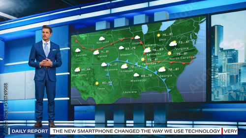 TV Weather Forecast Program: Professional Television Host Reviewing Weather Report in Newsroom Studio, Uses Big Screen with Visuals. Famous Anchorman Talks. Mock-up of Cable Channel Concept.