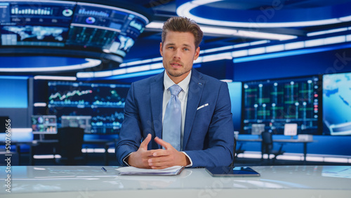 Beginning Evening News TV Program: Anchor Presenter Reporting on Business, Economy, Science, Politics. Television Cable Channel Anchorman Talks. Broadcast Network Newsroom Studio Concept.