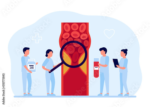 Blood clot, medicine aid for thrombus in vein or artery. Deep vein thrombosis DVT, artery and vein cholesterol sick, abnormally of blood vascular flow. Blocked circulation in blood vessel. Vector