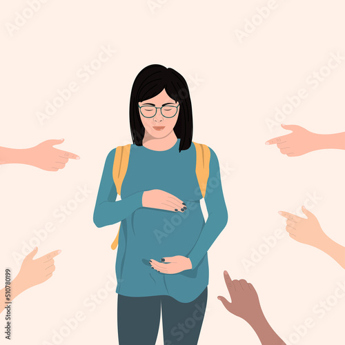  sad pregnant teenager, pointed finger people. Social problem of adolescent or teen pregnancy. Immature mother.