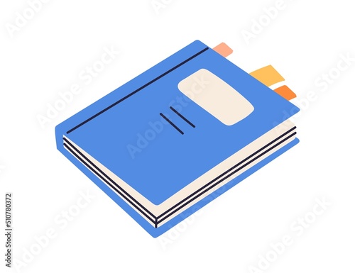Closed paper book with bookmarks sticking out. Knowledge literature. School textbook for studying, reading. Academic schoolbook. Flat vector illustration of diary, planner isolated on white background