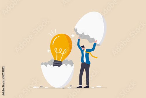 New creative idea, innovation or solution for business, entrepreneurship or startup idea, creation or discovery concept, businessman entrepreneur discover hatching egg with lightbulb idea inside.