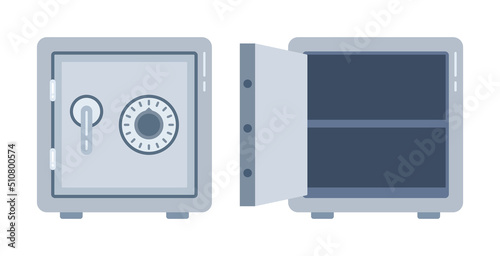 Two bank safes, one closed the other open and empty. Vector illustration.