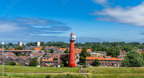 view of the lighthouse and village of Hoek van Holland on the Rhine Estuary