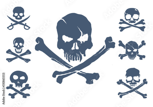 Blue collection of 7 vector skulls You can use these pirate skulls to print on t-shirts, clothes, pirate flags, mugs, pillows, snowboards and other items and things.
