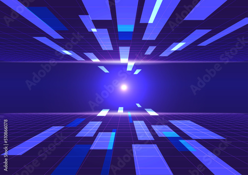 Floating Square Shapes on Retrofuture Grid Floor Futuristic Technology Abstract Background