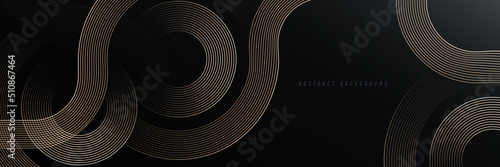 Abstract gold circle lines on dark background. Geometric stripe line art design. Modern luxury template. Suit for presentation, banner, cover, web, flyer, poster, brochure. Vector illustration