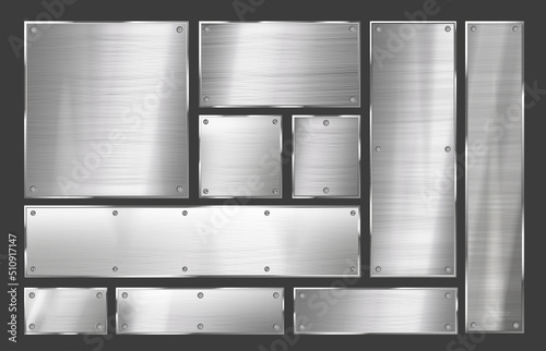 Metal plate. Brushed steel sign frame with metal rivets, polished metallic signboard background vector set