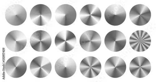 Conical metal gradients. Radial metallic knob, silver disc and brushed steel circles vector set