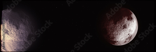 Abstract old monochrome vibrating live moons or planets, 3D illustration with black frame, abstract world space design or astral film noir filter with cosmic central empty space for your message 