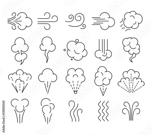 Smell icons. Wind flow, breathe aroma and puff cloud line art symbols. Smoking and breath vector illustration set