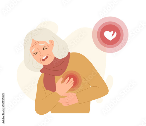 Old woman holding her chest with heart attack sign isolated on white background. Concept of Heart pain, symptom of heart disease, elderly's risk, health and medicine. Flat vector illustration.