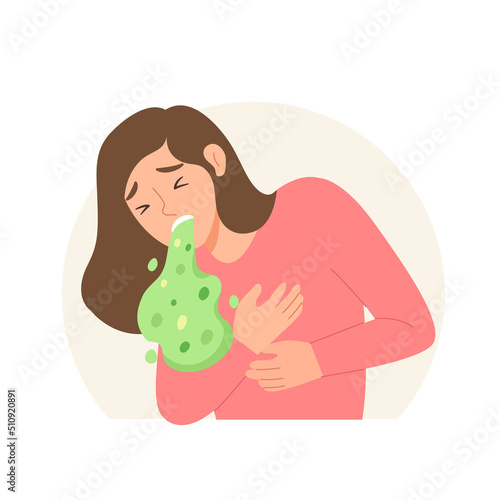 Female is is suffering from vomiting isolated on white background. Concept of sickness, throwing up, sickness, Nausea, food poisoning. Flat vector illustration cartoon character.