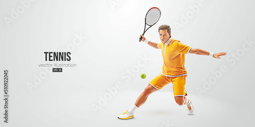 Realistic silhouette of a tennis player on white background. Tennis player man with racket hits the ball. Vector illustration