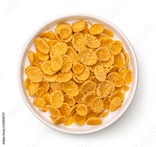 Corn flakes with milk isolated on white, top view