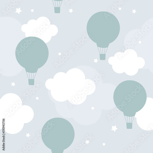 Vector hand drawn seamless pattern with white clouds and balloons on a blue background. Modern trendy children's wallpapers, textiles, prints for baby clothes.