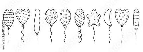 Hand drawn set of balloons doodle. Different shapes of balloons in sketch style. Vector illustration isolated on white background. For posters, greeting cards, birthday party decorations.