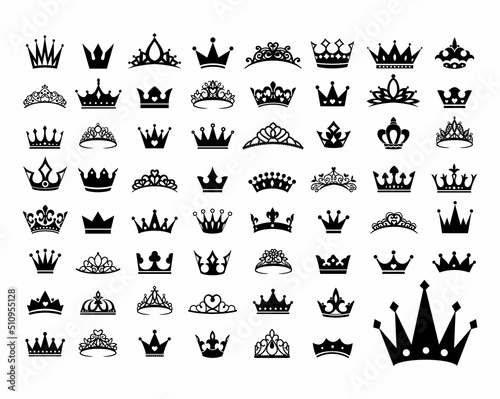 Royal king crown queen princess tiara diadem prince crowns silhouette logo vector illustration set
