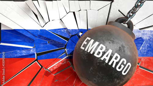 Embargo and Russia, destroying economy and ruining the nation. Embargo wrecking the country and causing general decline in living standards.,3d illustration