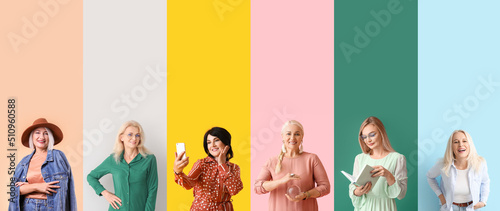 Group of stylish mature women on color background with space for text. Concept of ageing and menopause